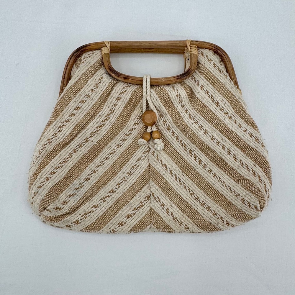 Vintage 70s Moods by Casual Corner Woven Cotton Handbag Boho Bamboo Frame Purse